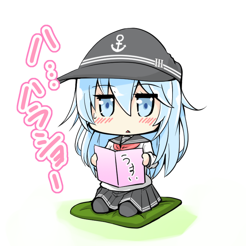 1girl anchor_symbol black_sailor_collar black_skirt black_thighhighs blue_eyes book commentary_request cushion female_focus flat_cap hat hibiki_(kancolle) horosho kantai_collection long_hair long_sleeves neckerchief nyonyonba_tarou pleated_skirt reading sailor_collar school_uniform seiza serafuku silver_hair sitting skirt solo thighhighs translation_request zabuton