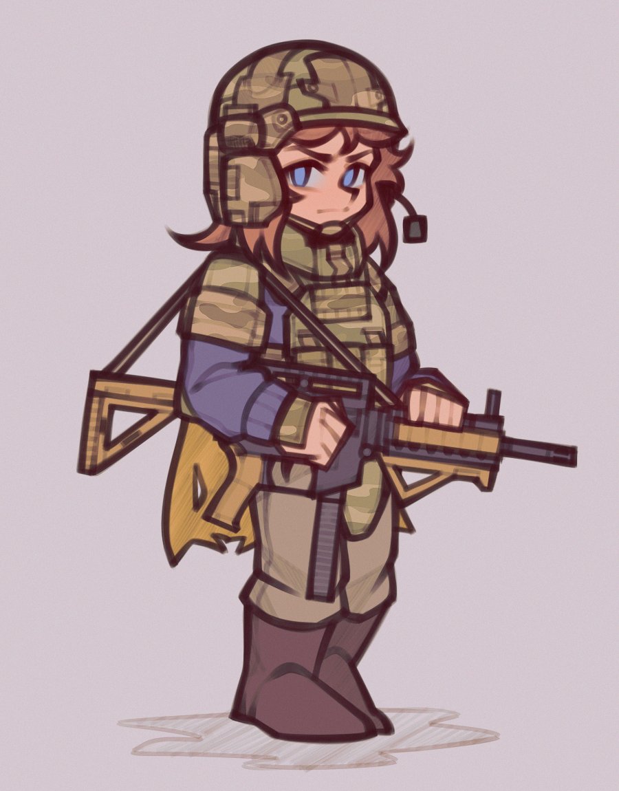 1girl :| a_hat_in_time armor blue_eyes boots brown_boots brown_hair brown_pants bulletproof_vest camouflage camouflage_headwear camouflage_vest cape child closed_mouth combat_helmet commentary english_commentary fujimna full_body grey_background gun hat_kid headphones helmet holding holding_gun holding_weapon jacket long_sleeves looking_at_viewer looking_to_the_side medium_hair microphone pants purple_jacket rifle shadow shoulder_armor shoulder_strap simple_background solo standing torn_cape torn_clothes v-shaped_eyebrows weapon weapon_request yellow_cape