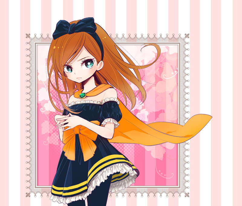 1girl aqua_eyes bare_shoulders black_bow black_dress black_hairband black_pantyhose bow bow_hairband bright_pupils cape commentary_request cowboy_shot dragon_quest dragon_quest_x dress floating_cape floating_hair gem green_gemstone hairband im5364 long_hair looking_to_the_side off_shoulder orange_bow orange_cape orange_hair pantyhose partial_commentary pink_background rukoria_(dq10) solo striped_background vertical-striped_background waist_bow white_background white_pupils white_trim