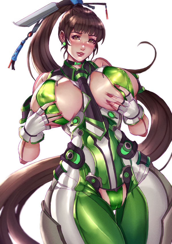 1girl bodysuit breasts brown_eyes brown_hair curvy eve_(stellar_blade) fingerless_gloves gloves grabbing_own_breast green_bodysuit kachima large_breasts long_hair planet_diving_suit_(7th)_(stellar_blade) ponytail silver_bodysuit solo stellar_blade thick_thighs thighs very_long_hair white_gloves wide_hips