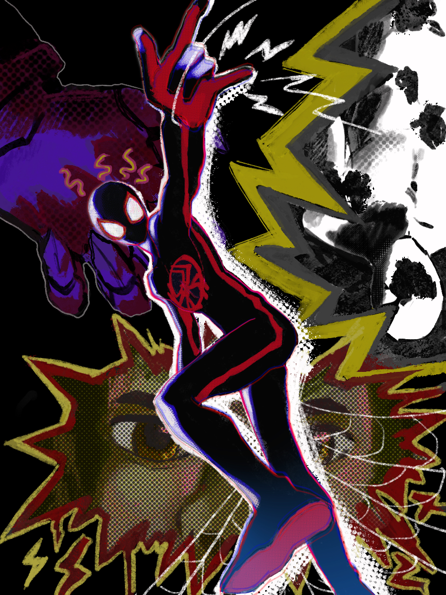 1boy 2boys arm_up black_bodysuit bodysuit commentary_request foot_out_of_frame highres looking_at_viewer male_focus marvel miles_morales multiple_boys silk solo spider-man:_across_the_spider-verse spider-man_(miles_morales) spider-man_(series) spider-verse spider_web spot_(marvel) superhero_costume tami_tome_mo