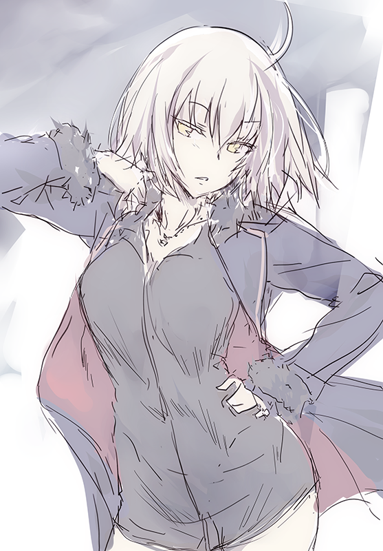 ahoge black_jacket blonde_hair fate/grand_order fate_(series) hair_between_eyes jacket jeanne_d&#039;arc_alter_(fate) jeanne_d&#039;arc_alter_(ver._shinjuku_1999)_(fate) kawagishi_keitarou short_hair sketch wagi yellow_eyes