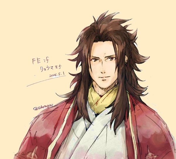 1boy alternate_costume brown_eyes brown_hair copyright_name fire_emblem fire_emblem_fates hotate_rayan japanese_clothes long_hair male_focus nintendo ryoma_(fire_emblem) solo spiked_hair translation_request upper_body