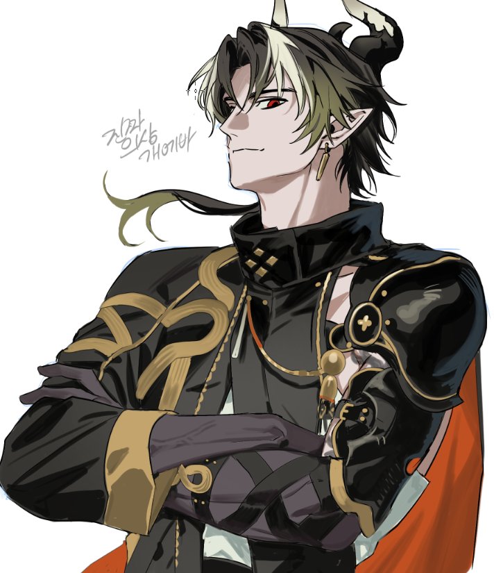 1boy arknights black_hair blonde_hair cape chongyue_(arknights) closed_mouth colored_extremities commentary_request crossed_arms earrings hair_intakes horns jewelry korean_commentary light_smile long_hair looking_at_viewer male_focus meva01234 multicolored_hair orange_cape pointy_ears red_eyes simple_background solo streaked_hair upper_body veins white_background white_hair