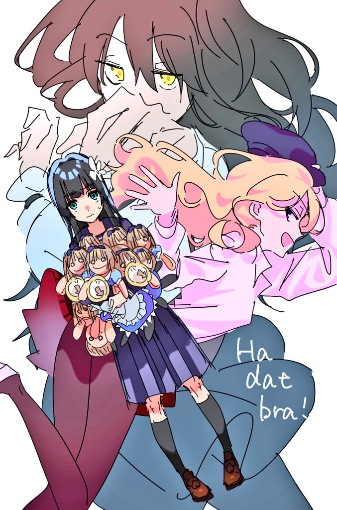 3girls beret black_hair black_skirt black_socks blonde_hair blue_eyes brown_footwear doll flower frenda_seivelun hair_between_eyes hair_flower hair_ornament hat holding holding_doll long_hair long_sleeves looking_at_viewer multiple_girls nmdsk norwegian_text open_mouth pantyhose sakugawa_school_uniform saten_ruiko school_uniform serafuku shirt sidelocks simple_background skirt smile socks toaru_kagaku_no_railgun toaru_kagaku_no_railgun_t toaru_majutsu_no_index waving white_background white_shirt winter_uniform yellow_eyes yumiya_rakko