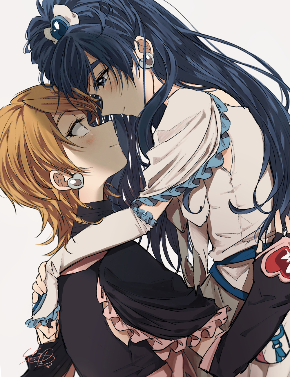2girls black_capelet black_gloves black_sleeves blue_eyes blue_hair brooch brown_hair capelet closed_mouth couple cure_black cure_white detached_sleeves dress earrings eye_contact fingerless_gloves frilled_capelet frills futari_wa_precure gloves grey_background heart heart_brooch heart_earrings highres jewelry long_hair looking_at_another misumi_nagisa multiple_girls precure sasano-01 short_hair smile very_long_hair white_capelet white_dress white_sleeves yukishiro_honoka yuri