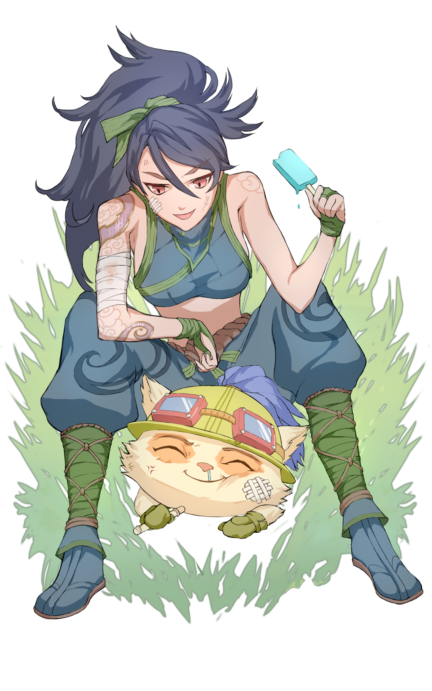 1boy 1girl absurdres akali anger_vein animal_ears arm_tattoo armpit_crease arms_on_knees bandage_on_face bandaged_arm bandages black_hair blowgun breasts brown_eyes closed_eyes clothing_request commentary_request crop_top dripping facing_viewer fingerless_gloves food gloves goggles goggles_on_headwear grass green_gloves hair_between_eyes halterneck hand_up hat high_ponytail highres holding holding_food holding_weapon ice_cream_bar league_of_legends long_hair looking_at_another medium_breasts midriff mittens on_ground open_mouth pants parted_bangs ponytail puffy_pants rayn87250715 sailor_hat sideboob simple_background sitting sitting_on_person slit_pupils smile snot tattoo teemo toned weapon white_background