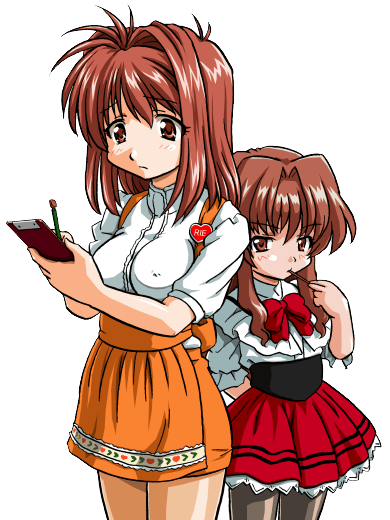 00s 2girls anna_miller bandabekken blush bow breasts bronze_parrot brown_hair child clipboard covered_erect_nipples crossover frown kawai_rie kisaten large_breasts look-alike lovers_(game) morino_ichigo multiple_girls onegai_teacher orange_skirt pantyhose pen red_eyes short_hair skirt waitress