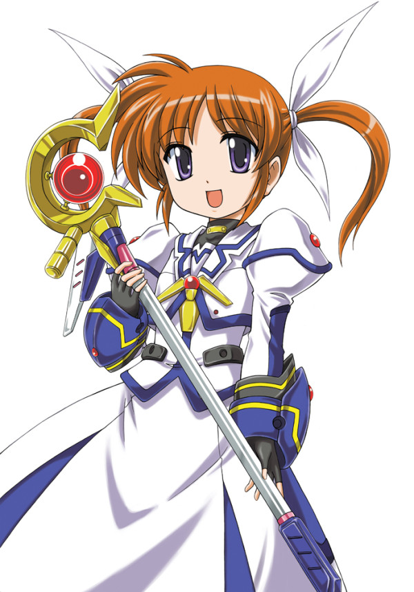 10s 1girl armor armored_dress blue_eyes cowboy_shot dress female_focus fingerless_gloves gloves hair_ribbon holding jacket juliet_sleeves long_sleeves looking_at_viewer lyrical_nanoha magical_girl mahou_shoujo_lyrical_nanoha mahou_shoujo_lyrical_nanoha_the_movie_1st open_mouth puffy_sleeves raising_heart raising_heart_(device_mode)_(1st) ribbon simple_background smile solo standing takamachi_nanoha takamachi_nanoha_(movie_1st_mode) twintails wan&#039;yan_aguda white_background white_dress