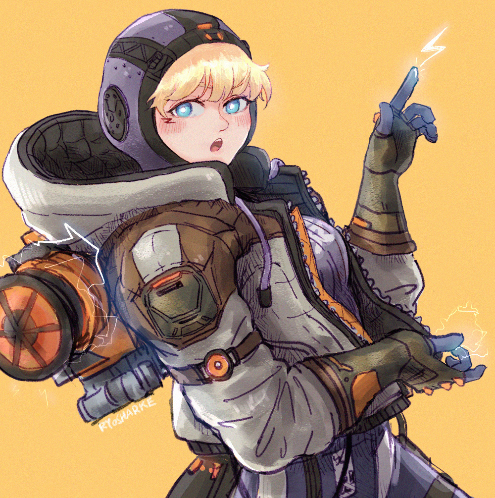 1girl :o apex_legends black_gloves blonde_hair blue_eyes blush bodysuit breasts bright_pupils commentary electricity english_commentary eyebrows_hidden_by_hair from_side gloves grey_jacket hood hooded_bodysuit hooded_jacket jacket leaning_back looking_at_viewer medium_breasts open_mouth pointing purple_bodysuit purple_headwear ribbed_bodysuit ryosharke solo wattson_(apex_legends) white_pupils