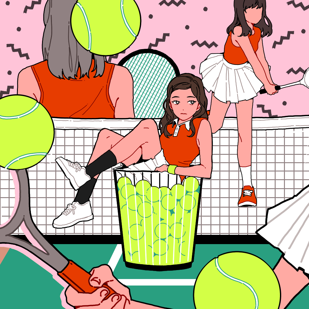 5girls ball black_socks blunt_bangs brown_hair celandine_93 closed_mouth commentary faceless irene_(red_velvet) joy_(red_velvet) k-pop kneehighs long_hair medium_hair multiple_girls racket real_life red_shirt red_velvet_(group) seulgi_(red_velvet) shirt skirt sleeveless sleeveless_shirt socks symbol-only_commentary tennis_ball tennis_racket wendy_(red_velvet) white_skirt white_socks wristband yeri_(red_velvet)