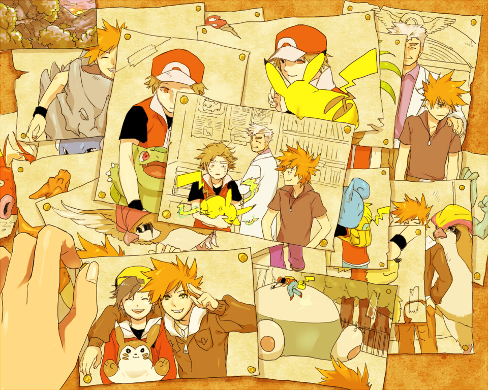 00s 1990s_(style) 4boys alternate_costume backwards_hat bag baseball_cap blue_oak blue_oak_(pokemon_frlg) blue_oak_(pokemon_hgss) bulbasaur charizard ethan_(pokemon) exeggutor furret gen_1_pokemon gen_2_pokemon grin growlithe hat lapras machop magikarp male_focus multiple_boys nintendo no_headwear photo_(object) pidgeot pidgeotto pikachu pokemon pokemon_(creature) pokemon_frlg pokemon_hgss pokemon_rgby red_(pokemon) red_(pokemon_frlg) retro_artstyle rhyhorn professor_oak smile snorlax wartortle wristband yorozuame