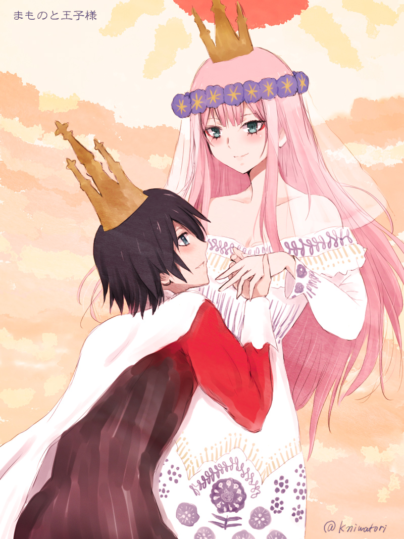 10s 1boy 1girl bare_shoulders black_hair blue_eyes blush breasts cape capelet cleavage collarbone commentary_request couple crown darling_in_the_franxx dress flower green_eyes hair_flower hair_ornament hetero hiro_(darling_in_the_franxx) holding_hands long_hair long_sleeves looking_at_another medium_breasts niwatori_kokezou pink_hair short_hair signature translation_request veil white_cape white_dress zero_two_(darling_in_the_franxx)