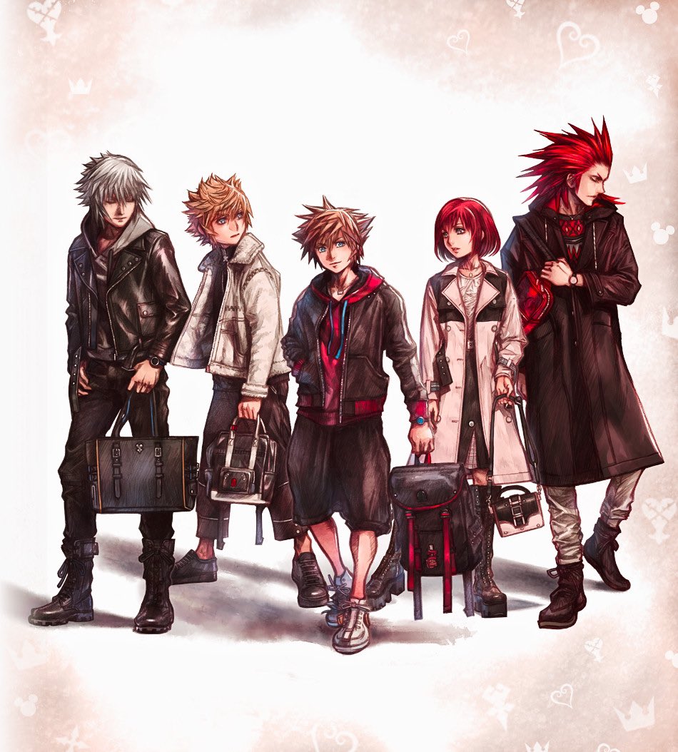 1girl 4boys alternate_costume axel_(kingdom_hearts) backpack bad_link bag black_jacket blonde_hair blue_eyes boots brown_hair closed_eyes fashion fur_trim grey_hair handbag holding holding_bag hood hoodie jacket kairi_(kingdom_hearts) kingdom_hearts kingdom_hearts_iii knee_boots leather leather_jacket looking_at_viewer multiple_boys necktie nomura_tetsuya official_art pink_jacket red_hair riku_(kingdom_hearts) roxas shoes short_hair sneakers sora_(kingdom_hearts) spiked_hair third-party_source white_jacket