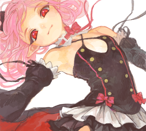1girl armpits bad_drawr_id bad_id bare_shoulders black_dress black_ribbon black_sleeves bow bowtie breasts buttons cleavage_cutout closed_mouth clothing_cutout detached_sleeves dress frilled_dress frills head_tilt krul_tepes long_hair looking_at_viewer oekaki owari_no_seraph pink_bow pink_bowtie pink_hair pointy_ears red_eyes ribbon simple_background small_breasts solo tanaka_pen upper_body white_background