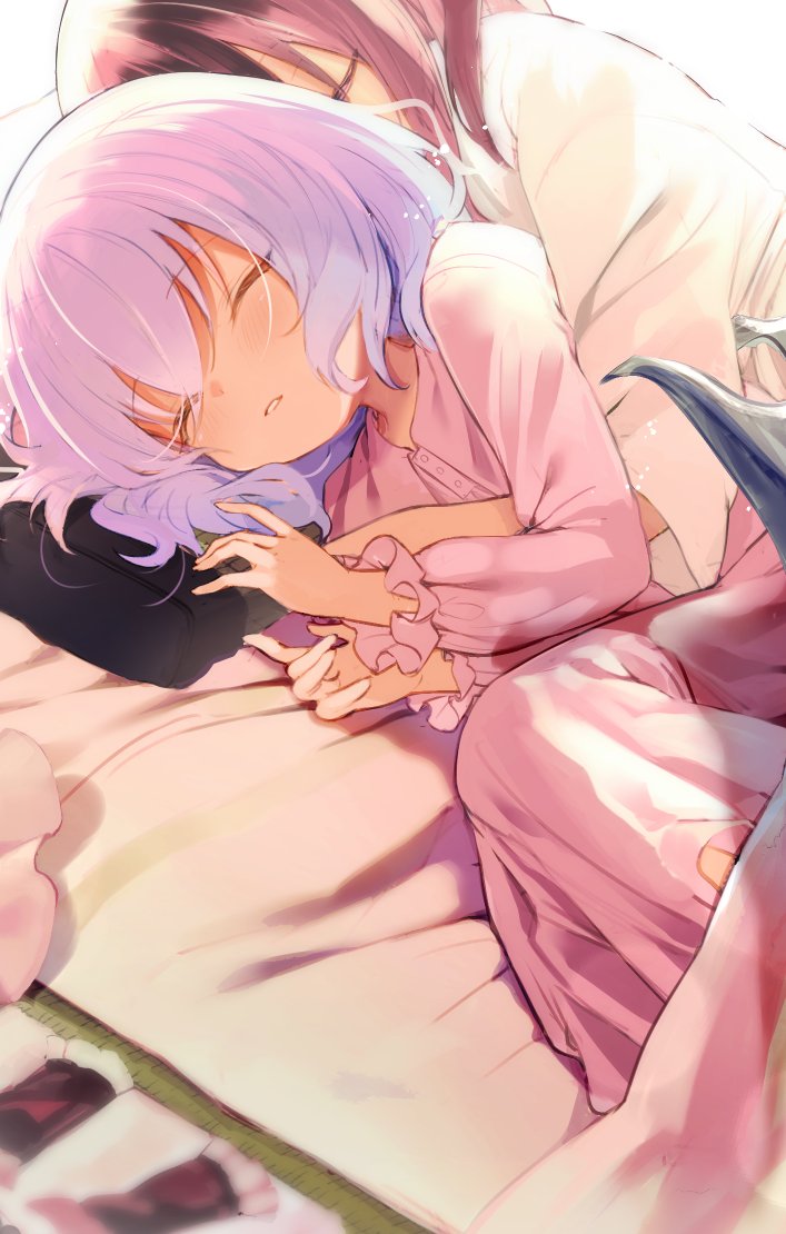 2girls backlighting bat_wings blue_hair brown_hair closed_eyes futon hair_tubes hakurei_reimu hug long_sleeves lying multiple_girls pillow remilia_scarlet short_hair sleeping sleepwear touhou wings yuki_(popopo) yuri