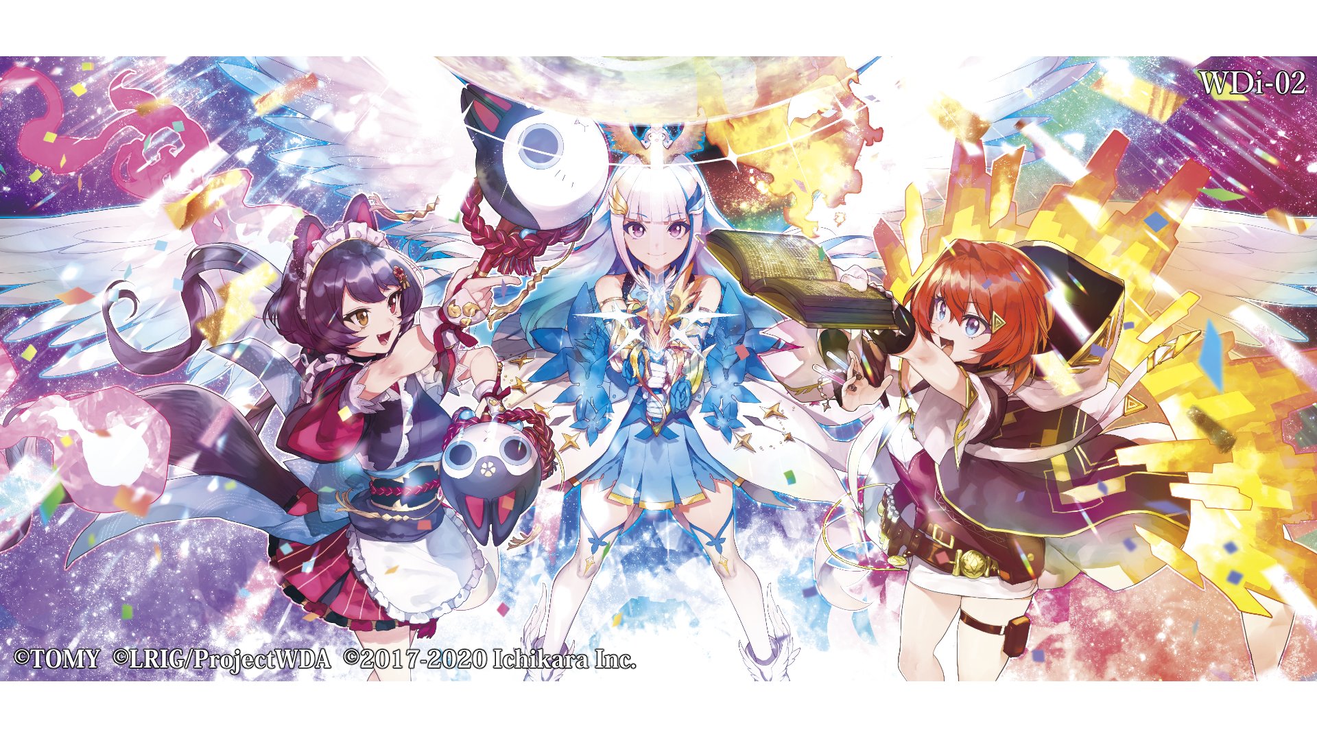 3girls :d ange_katrina animal animal-themed_weapon animal_ears animal_on_head ankle_boots apron arm_guards arm_up armored_animal bare_shoulders belt bird bird_on_head black_coat black_sash blue_dress blue_eyes blue_hair blunt_bangs book boots bracer breasts brown_belt brown_hair brown_kimono brown_tail closed_mouth coat colored_inner_hair colorful_background commentary_request copyright_notice dog_ears dog_girl dog_tail dress dual_wielding fang feet_out_of_frame fire floating_clothes floating_hair flower frilled_apron frills gloves gradient_eyes hair_between_eyes hair_flower hair_intakes hair_ornament hand_guard helmet heterochromia highres hitoto holding holding_book holding_mace holding_sword holding_test_tube holding_weapon hood hood_down inui_toko japanese_clothes kimono layered_dress light_particles lize_helesta long_bangs long_hair low_twintails mace magic maid_headdress medium_breasts miniskirt multicolored_eyes multicolored_hair multiple_girls multiple_wings nijisanji obi obiage obijime official_alternate_costume official_art on_head open_book open_clothes open_coat open_mouth pouch purple_eyes red_eyes red_hair red_ribbon red_skirt ribbon sash sebastian_piyodore short_dress short_hair short_sleeves sidelocks skirt sleeveless sleeveless_dress small_breasts smile spread_wings streaked_hair sword sword_in_front_of_face tail tail_under_clothes test_tube test_tube_holster thigh_pouch thigh_strap thighhighs transparent_weapon triangle_hair_ornament twintails two-tone_hair underbust very_long_hair virtual_youtuber waist_apron weapon white_apron white_boots white_dress white_gloves white_hair white_headdress white_thighhighs white_wings winged_boots wings wixoss yellow_bird yellow_eyes