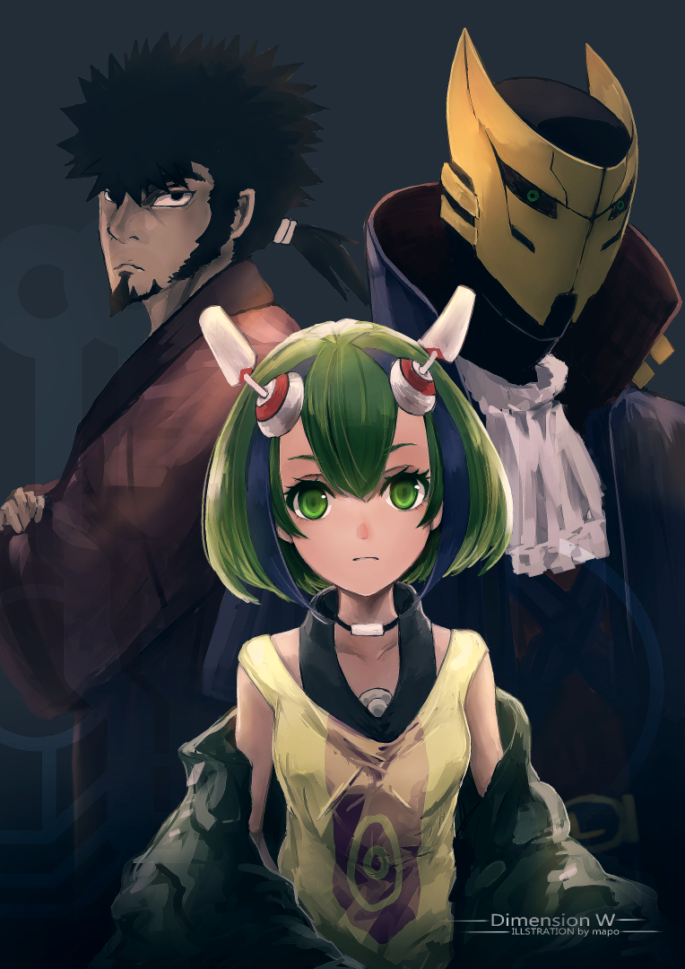 10s 1girl 2boys android artist_name bad_id bad_pixiv_id beard blue_hair copyright_name crossed_arms cyborg dimension_w facial_hair green_eyes green_hair japanese_clothes looking_at_viewer loser_(dimension_w) mabuchi_kyoma mapo_nk mask multicolored_hair multiple_boys ponytail robot_ears short_hair short_ponytail streaked_hair two-tone_hair yurizaki_mira