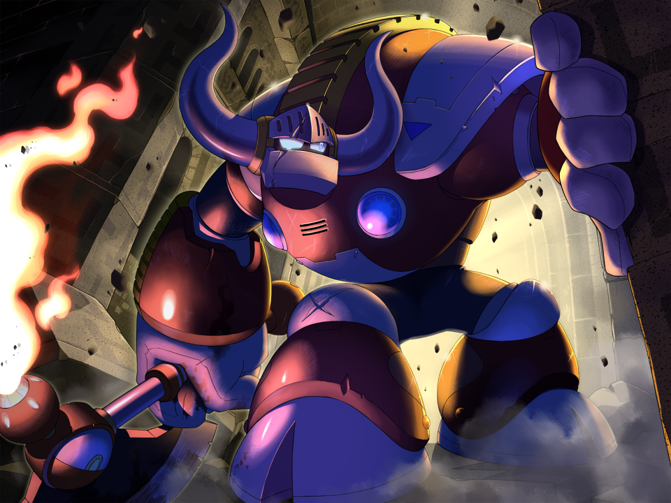 1boy axe cow_horns fake_horns fire flaming_weapon gem glowing glowing_eyes helmet holding holding_axe holding_weapon horned_helmet horns humanoid_robot joints mega_man_(classic) mega_man_(series) mega_man_v napo robot robot_joints ruins uranus_(mega_man) visor_(armor) weapon