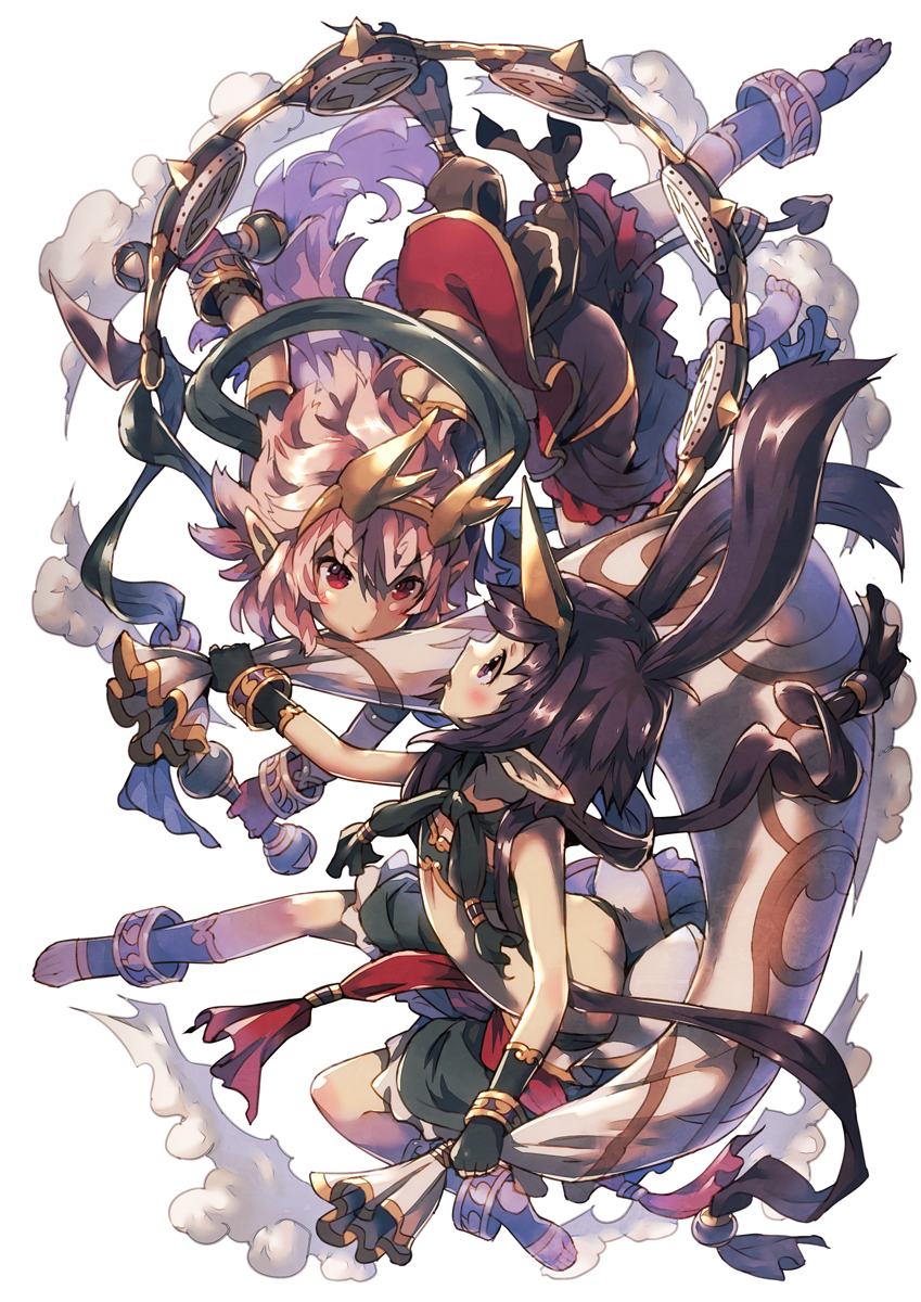 2girls :&gt; anklet ass bad_id bad_pixiv_id bandeau barefoot black_eyes black_hair blush butt_crack cloud commentary_request drum fingerless_gloves flat_chest flying full_body fuujin_(mythology) gloves highres horns instrument jewelry long_hair looking_at_another md5_mismatch multiple_girls narumi_arata original pointy_ears raijin_(mythology) recri_(narumi_arata) red_eyes revision short_hair silver_hair simple_background single_horn smile strapless taiko_drum toeless_legwear toes tube_top upside-down white_background