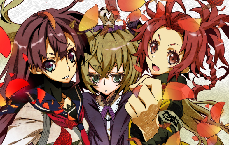 3girls 7th_dragon 7th_dragon_(series) 7th_dragon_2020 black_hair blue_eyes braid brown_hair chelsea_(7th_dragon) destroyer_(7th_dragon_2020) hacker_(7th_dragon) multiple_girls nishimura_haru_(7th_dragon) nyoro_(nyoronyoro000) open_mouth petals ponytail red_eyes red_hair samurai_(7th_dragon) samurai_(7th_dragon_2020) school_uniform teeth tongue tsubaki_kujo twintails