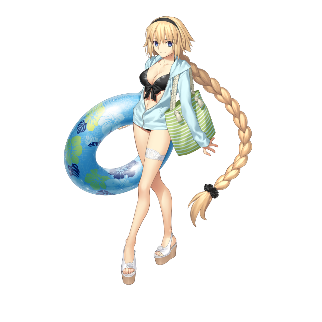1girl bag bikini black_bikini black_hairband blonde_hair blue_eyes blue_innertube blue_jacket braid breasts cleavage collarbone fate/grand_order fate_(series) feet front-tie_bikini_top front-tie_top full_body game_cg hair_between_eyes hairband holding holding_swim_ring hood hooded_jacket innertube jacket jeanne_d&#039;arc_(fate) jeanne_d&#039;arc_(swimsuit_archer)_(fate) jeanne_d&#039;arc_(swimsuit_archer)_(first_ascension)_(fate) large_breasts legs long_braid long_hair looking_at_viewer navel official_art platform_sandals sandals shoes shoulder_bag single_braid smile solo standing swim_ring swimsuit tachi-e takeuchi_takashi thigh_strap third-party_source toenails toes transparent_background very_long_hair