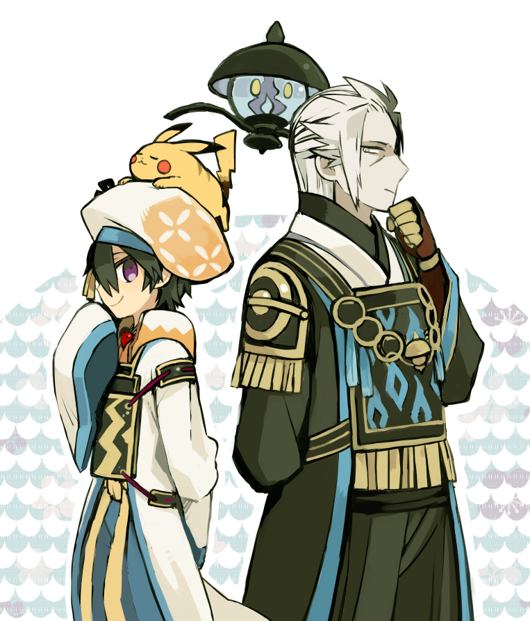 arm_behind_back armor back-to-back black_hair blue_eyes finger_to_own_chin gen_1_pokemon gen_5_pokemon hair_between_eyes japanese_clothes kimono kuroda_kanbei lampent long_sleeves magatama multicolored_hair nintendo on_head pikachu poke_ball_symbol pokemon pokemon_(creature) pokemon_conquest pokemon_on_head purple_eyes sengoku_musou sleeves_past_fingers sleeves_past_wrists smile takenaka_hanbei two-tone_hair