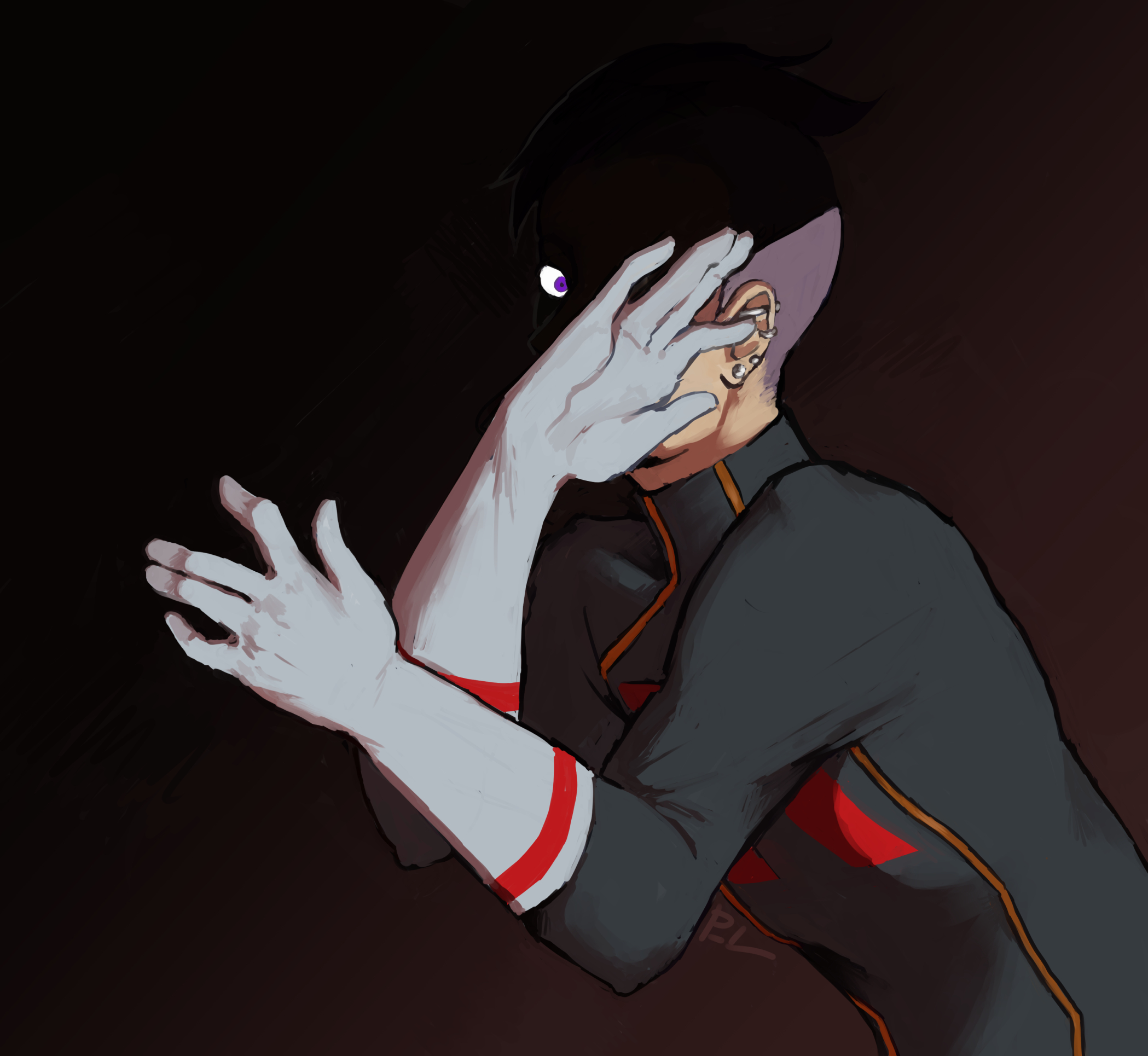 1boy ear_piercing gloves grey_gloves highres looking_at_viewer male_focus nintendo perelka-l petrel_(pokemon) piercing pokemon pokemon_hgss purple_eyes purple_hair shaded_face signature solo team_rocket team_rocket_uniform