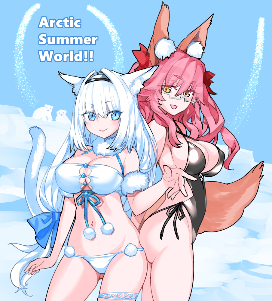 2girls animal_ear_fluff animal_ears bare_shoulders bikini black_one-piece_swimsuit blue_bow blue_eyes blush bow breasts cat_ears cat_girl cat_tail cleavage collarbone dobrynya_nikitich_(fate) dobrynya_nikitich_(twin_tail)_(fate) fate/grand_order fate_(series) fox_ears fox_girl fox_tail glasses hair_between_eyes hair_bow hairband highleg highleg_swimsuit koyanskaya_(fate) large_breasts long_hair looking_at_viewer low_ponytail multiple_girls navel one-piece_swimsuit open_mouth pink_hair ponytail red_bow robina sidelocks smile swimsuit tail tamamo_(fate) thighs white_bikini white_hair yellow_eyes