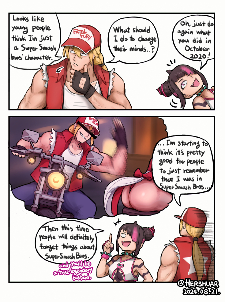 1boy 2girls ass bad_tag black_hair bracelet breasts crossover drill_hair english_text fatal_fury fingerless_gloves gloves hair_horns han_juri hat hershuar jewelry multicolored_hair multiple_crossover multiple_girls nintendo purple_eyes shiranui_mai short_hair smile spanking speech_bubble spiked_bracelet spikes street_fighter street_fighter_6 super_smash_bros. terry_bogard thought_bubble