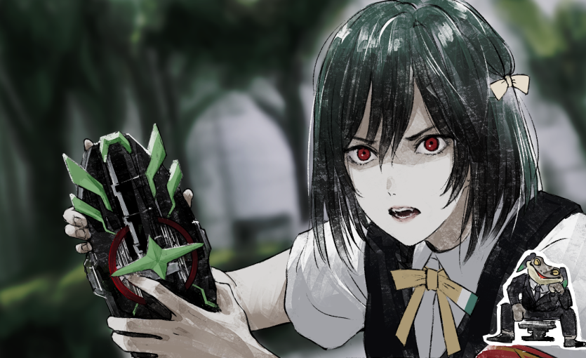 1girl animalization armband black_hair black_jacket black_pants black_suit black_vest blurry blurry_background bob_cut bujinsword_buckle collared_shirt commentary_request dress_shirt dutch_angle fangs formal_clothes green_hair hair_ribbon holding jacket kamen_rider kamen_rider_geats_(series) kekera_(kamen_rider_geats) love_live! love_live!_nijigasaki_high_school_idol_club mifune_shioriko neck_ribbon nijigasaki_school_uniform open_mouth outdoors pants red_armband red_eyes ribbon school_uniform shirt short_hair sitting suit summer_uniform swept_bangs takasaki_yu teeth toad_(animal) upper_body v-shaped_eyebrows vest white_shirt yellow_ribbon yoruneko_yashiro