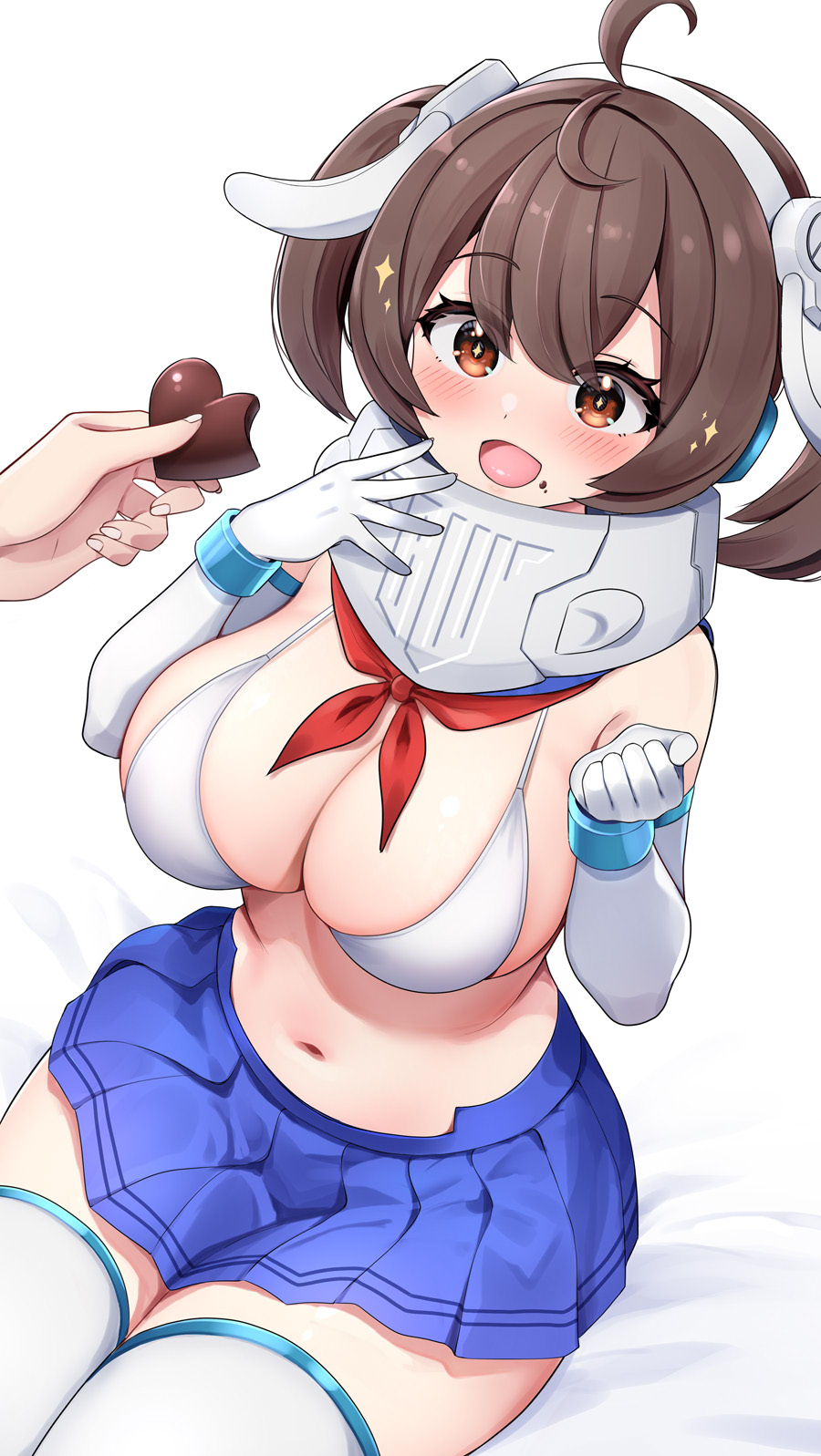 1girl bikini bikini_top_only blue_skirt breasts brown_eyes brown_hair buster_doll_gunner candy chocolate chocolate_heart cleavage elbow_gloves food gloves heart heart-shaped_food highres large_breasts megami_device miniskirt navel skirt subten swimsuit thighhighs white_gloves