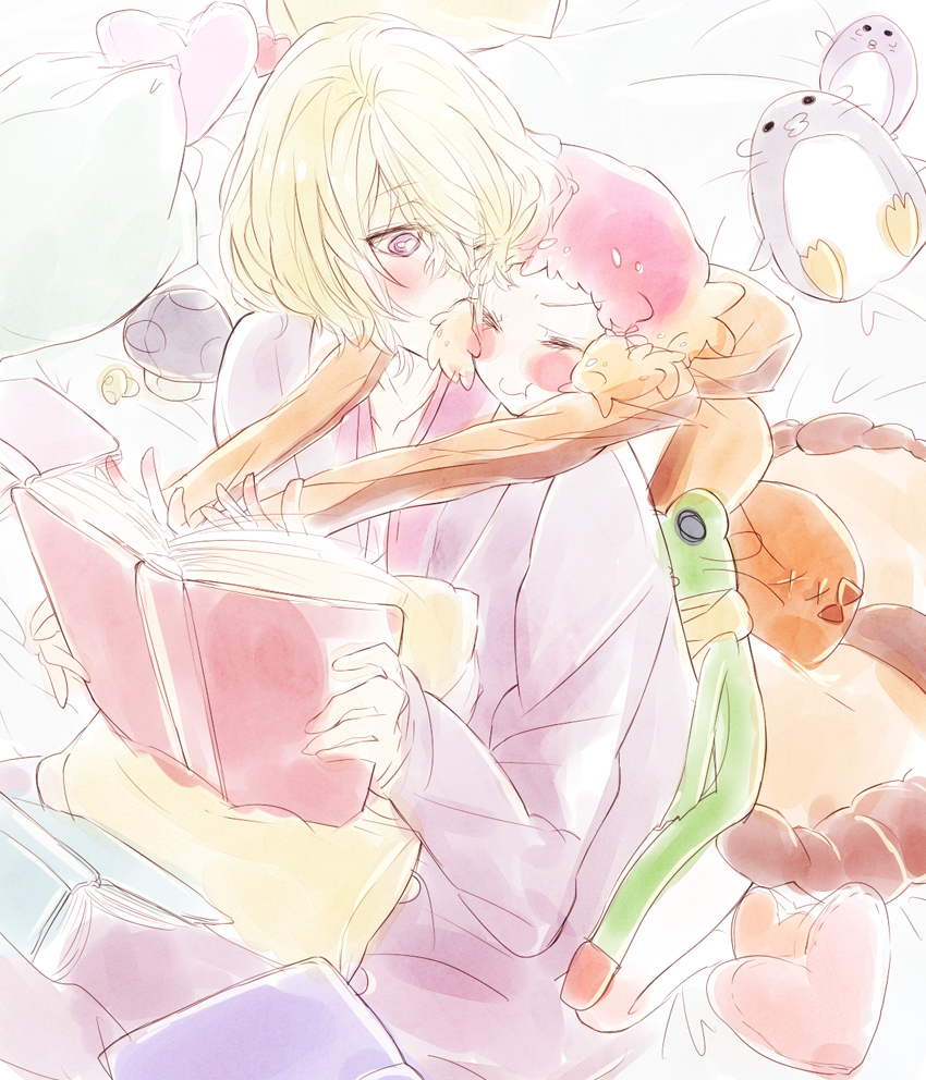 10s 1boy 1girl aquarion_(series) aquarion_evol bad_id bad_pixiv_id blonde_hair blush coat couple doll dress closed_eyes gradient_hair hair_ornament hetero hug hug_from_behind jin_musou multicolored_hair orange_hair purple_eyes purple_hair short_hair yuukei_(sugars_abyss)