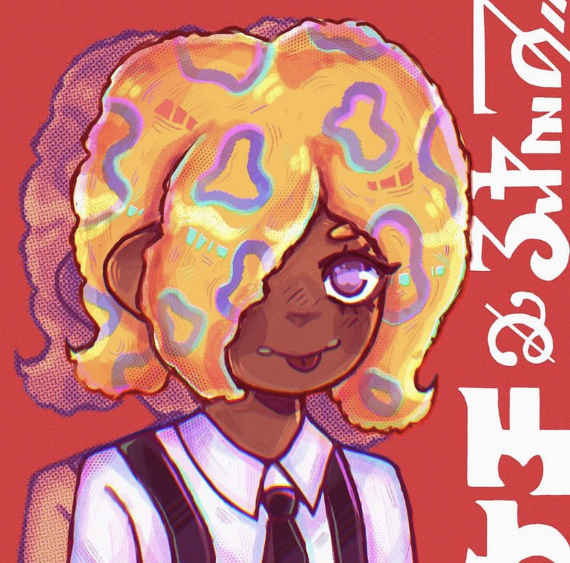 1girl black_necktie black_suspenders blush cephalopod_eyes collared_shirt dark-skinned_female dark_skin emiiexe necktie nintendo orange_hair patterned_hair purple_eyes shirt solo splatoon_(series) splatoon_3 tao_blu tentacle_hair tongue tongue_out upper_body white_shirt