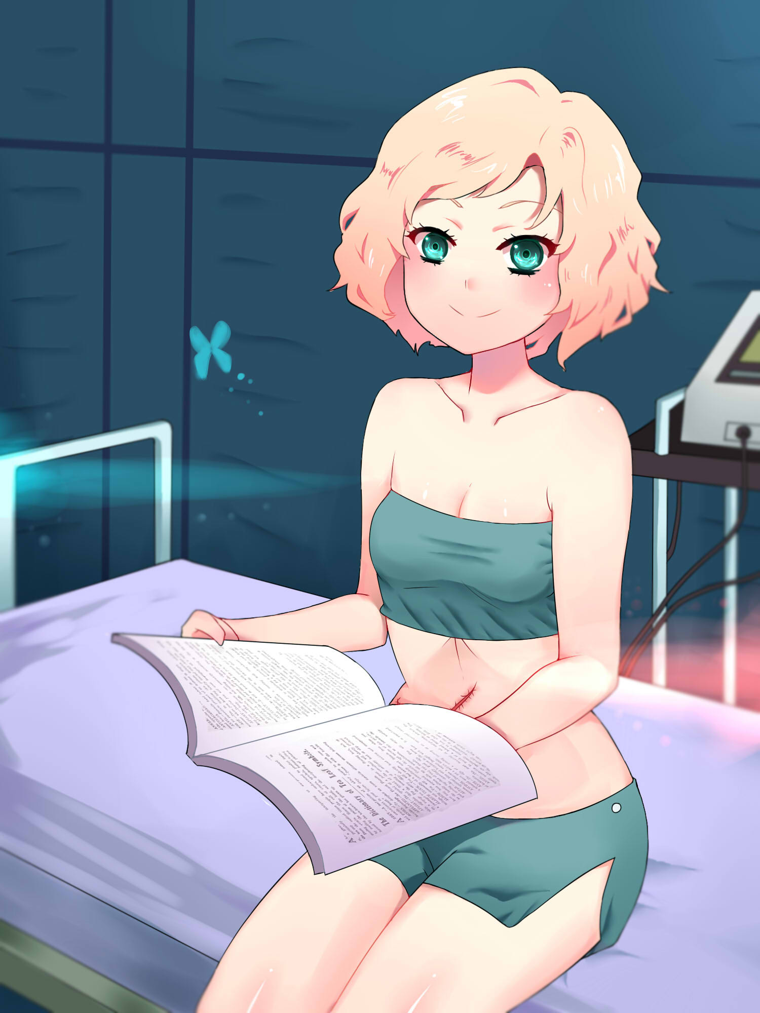 1girl blonde_hair blue_eyes book breasts bug butterfly highres insect metal_gear_(series) metal_gear_solid_v:_ground_zeroes metal_gear_solid_v:_the_phantom_pain paz_ortega_andrade scar small_breasts strapless tedty33 tube_top wavy_hair