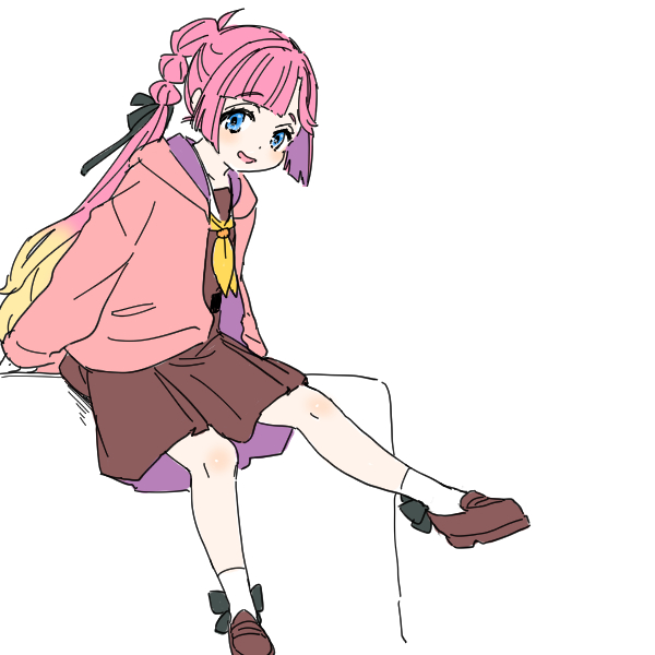 1girl :d anyoji_hime black_ribbon blue_eyes blush brown_dress brown_shoes commentary dress full_body hair_ribbon hasu_no_sora_school_uniform hood hooded_jacket jacket link!_like!_love_live! loafers long_sleeves looking_at_viewer love_live! medium_dress multi-tied_hair neckerchief open_clothes open_jacket open_mouth pink_hair pink_jacket pleated_dress ponytail ribbon sailor_collar sailor_dress school_uniform shinanoya_(satanicad) shoes simple_background sitting smile solo virtual_youtuber white_background white_sailor_collar winter_uniform yellow_neckerchief