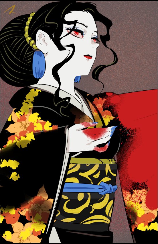 1girl black_hair black_kimono blood blood_on_clothes floral_print genderswap genderswap_(mtf) japanese_clothes kibutsuji_muzan kibutsuji_muzan_(female) kimetsu_no_yaiba kimono matahei red_eyes red_lips slit_pupils solo