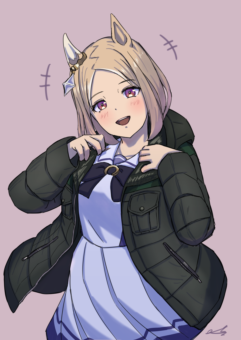+_+ 1girl :d animal_ears blonde_hair bow bowtie ear_covers green_jacket highres horse_ears horse_girl jacket long_sleeves looking_at_viewer narita_top_road_(umamusume) open_clothes open_jacket open_mouth pink_background pleated_skirt purple_bow purple_bowtie purple_eyes purple_shirt sailor_collar sailor_shirt school_uniform shirt short_hair signature simple_background single_ear_cover skirt smile solo tanasiso tracen_school_uniform umamusume white_skirt
