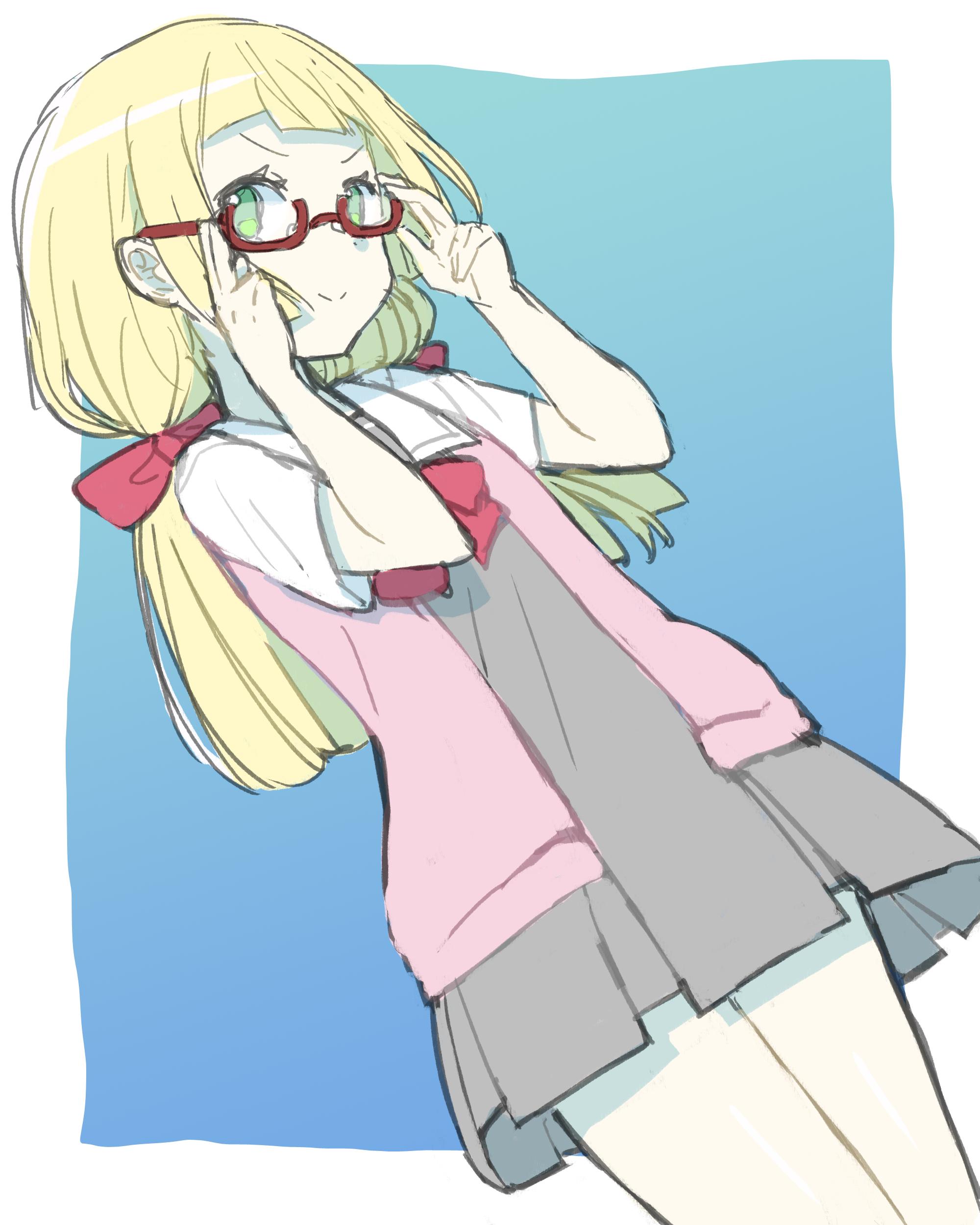 1girl absurdres adjusting_eyewear blonde_hair closed_mouth creatures_(company) dress female_focus game_freak glasses green_eyes highres lillie_(pokemon) long_hair nintendo official_alternate_costume peppedayo_ne pokemon pokemon_(anime) pokemon_sm113 pokemon_sm_(anime) red-framed_eyewear school_uniform short_dress short_sleeves simple_background smile solo white_background