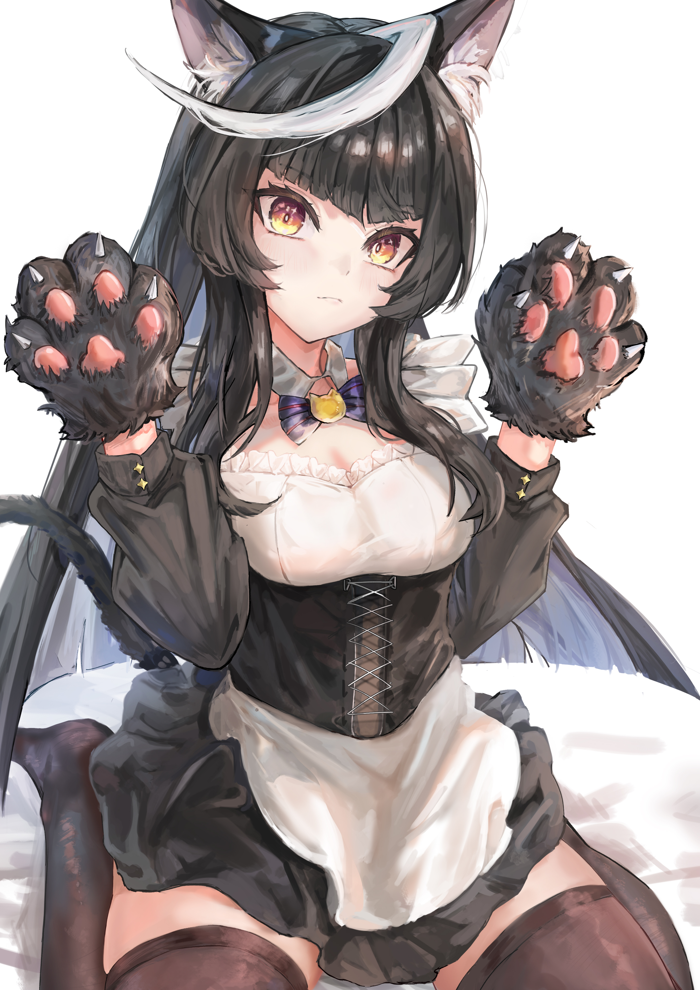1girl absurdres ahoge alternate_animal_ears alternate_costume animal_ear_fluff animal_ears animal_hands black_corset black_hair black_thighhighs bow bowtie breasts calstone_light_o_(umamusume) cat_ears cat_tail cleavage closed_mouth commentary_request corset dress enmaided frilled_dress frills gloves hair_between_eyes highres long_hair looking_at_viewer maid medium_breasts multicolored_hair on_ground paw_gloves purple_bow purple_bowtie sidelocks simple_background sitting solo streaked_hair tail thighhighs umamusume wariza white_background white_hair x_1031_xter yellow_eyes