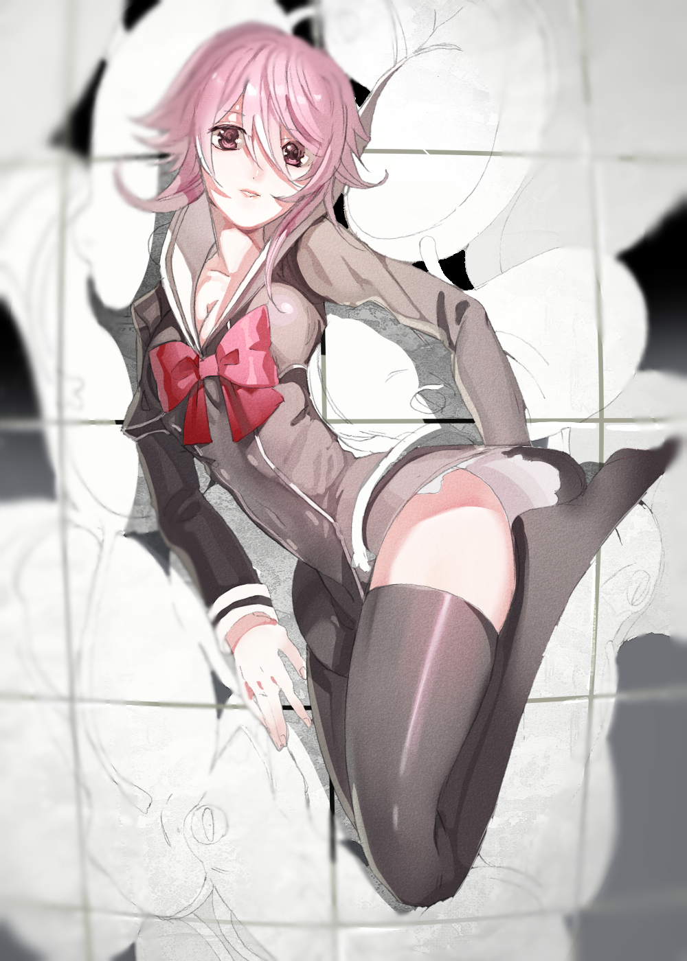 1girl ass_peek black_thighhighs bow breasts chaos;child chest_bow cleavage covered_navel cropped_jacket grin hair_between_eyes hekiho_academy_school_uniform highres hip_focus impossible_clothes long_hair long_sleeves looking_at_viewer medium_breasts nanahosi15 no_shoes non-web_source onoe_serika parted_lips pink_eyes pink_hair red_bow sailor_collar school_uniform science_adventure shiny_lips short_hair_with_long_locks skirt smile solo teethj thighhighs white_sailor_collar white_trim