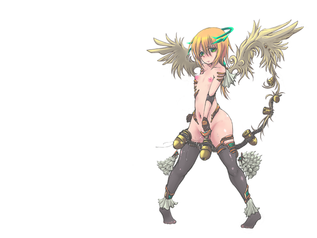 1girl ammunition_belt angel angel_wings bare_shoulders black_thighhighs breasts closed_mouth feathered_wings game_cg green_eyes green_halo hair_between_eyes halo large_variant_set medium_hair mon-musu_quest! mon-musu_quest:_paradox navel nervous no_shoes orange_hair pussy_juice sandalphon_(mon-musu_quest!) small_breasts standing thighhighs variant_set wings xelvy