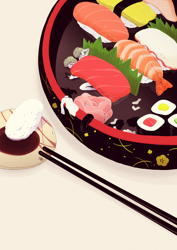 2boys blonde_hair chisuke chopsticks egg fish_(food) food glasses holding holding_removed_eyewear in_food lying male_focus mini_person miniboy multiple_boys nigirizushi nude on_side one_eye_closed original pale_skin pants rice salmon_(fish) shirt short_hair shrimp socks soy_sauce sushi unworn_eyewear unworn_pants unworn_shirt unworn_socks