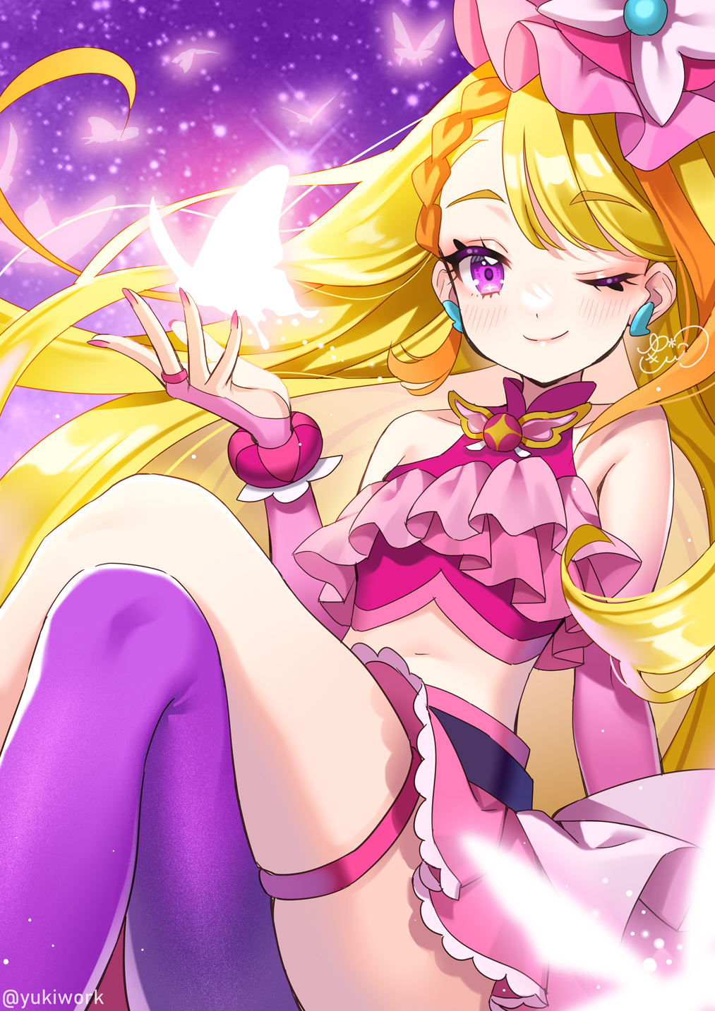 1girl arm_support artist_name braid braided_bangs bridal_gauntlets brooch bug butterfly butterfly_hat_ornament closed_mouth cropped_shirt crossed_legs cure_butterfly earrings elbow_gloves frilled_shirt frills gloves glowing_butterfly hat hat_ornament highres hijiri_ageha hirogaru_sky!_precure insect jewelry leaning_back long_hair looking_at_viewer magical_girl microskirt midriff mob_cap multicolored_hair navel one_eye_closed orange_hair pantyhose pink_gloves pink_hat pink_shirt pink_skirt pleated_skirt precure purple_eyes purple_pantyhose shirt showgirl_skirt signature single_leg_pantyhose sitting skirt sleeveless sleeveless_shirt smile solo thigh_strap tilted_headwear twitter_username two-tone_hair very_long_hair wing_brooch yukinko_(yukiwork)