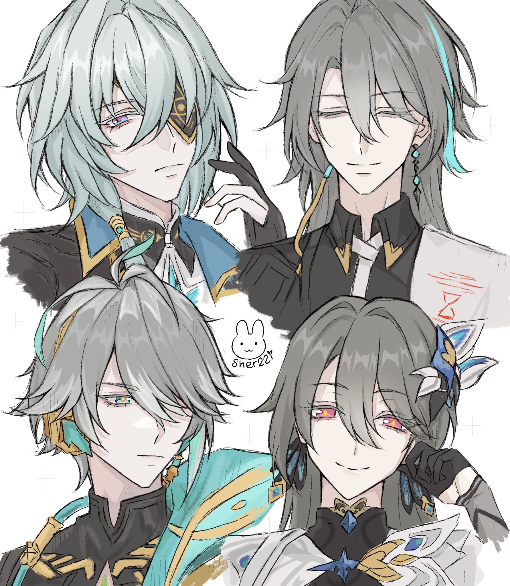 1boy 3boys alhaitham_(genshin_impact) anaxa_(honkai:_star_rail) artist_name black_gloves black_shirt closed_eyes closed_mouth company_connection earrings eyepatch genshin_impact gloves green_eyes grey_hair hair_ornament half_gloves hashtag-only_commentary highres honkai:_star_rail honkai_(series) honkai_impact_3rd jewelry long_hair mihoyo multiple_boys partially_fingerless_gloves red_eyes sher22i shirt short_hair smile su_(honkai_impact) trait_connection vita_(honkai_impact) vita_(lone_planetfarer)_(honkai_impact) white_background