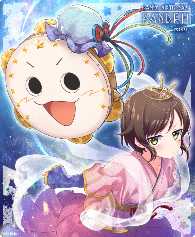 1girl brown_hair bun_cover character_name crown dated dress green_eyes happy_birthday indie_virtual_youtuber instrument kashiko_mari open_mouth pandy_(kashiko_mari) pink_dress short_hair sparkle star_(symbol) tambourine tassel tendoshi virtual_youtuber