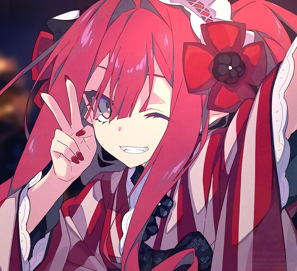 1girl baobhan_sith_(fate) breasts fate/grand_order fate_(series) frilled_hairband frills grey_eyes grin hair_ornament hairband japanese_clothes kimono long_hair long_sleeves looking_at_viewer medium_breasts one_eye_closed pink_hair pointy_ears ponytail red_kimono saipaco sidelocks smile solo wide_sleeves