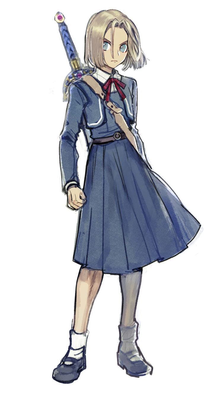 1boy aqua_eyes blue_cardigan blue_skirt bow brown_hair cardigan clenched_hand closed_mouth commentary_request crossdressing dragon_quest dragon_quest_xi erdrick&#039;s_sword floating_hair full_body hero_(dq11) highres looking_to_the_side male_focus mary_janes parted_hair red_bow school_uniform shirt shirt_under_dress shoes short_hair skirt socks solo sword sword_on_back vze6277 weapon weapon_on_back white_background white_shirt white_socks women&#039;s_medal_academy_school_uniform