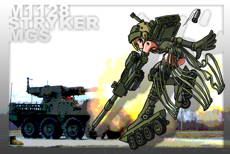 1girl armored_personnel_carrier armored_vehicle cannon cannon_cartridge combat_helmet female_focus helmet infantry_fighting_vehicle inline_skates kondou_minoru m1128_mobile_gun_system mecha_musume military military_vehicle motor_vehicle original personification photo_background roller_skates royal_ordnance_l7 shell_casing skates solo stryker_(afv) tank_gun vehicle