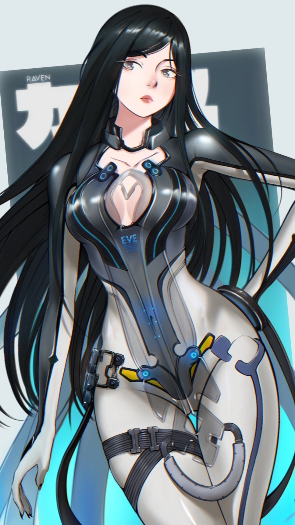 1girl black_hair bodysuit breasts character_name cleavage_cutout clothing_cutout grey_bodysuit hand_on_own_hip highres long_hair rat.manga raven_(stellar_blade) raven_suit_(stellar_blade) skin_tight stellar_blade swept_bangs two-tone_bodysuit